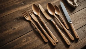 Set of eco-friendly wooden cutlery on a rustic table