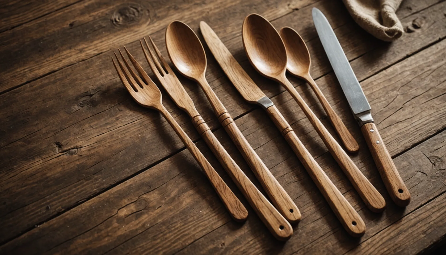 Set of eco-friendly wooden cutlery on a rustic table