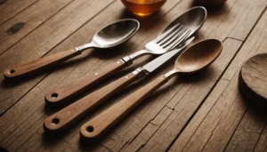 Eco-friendly wooden cutlery on a rustic table