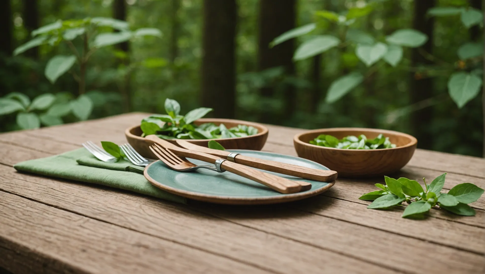 A set of eco-friendly disposable wooden cutlery on a rustic table.