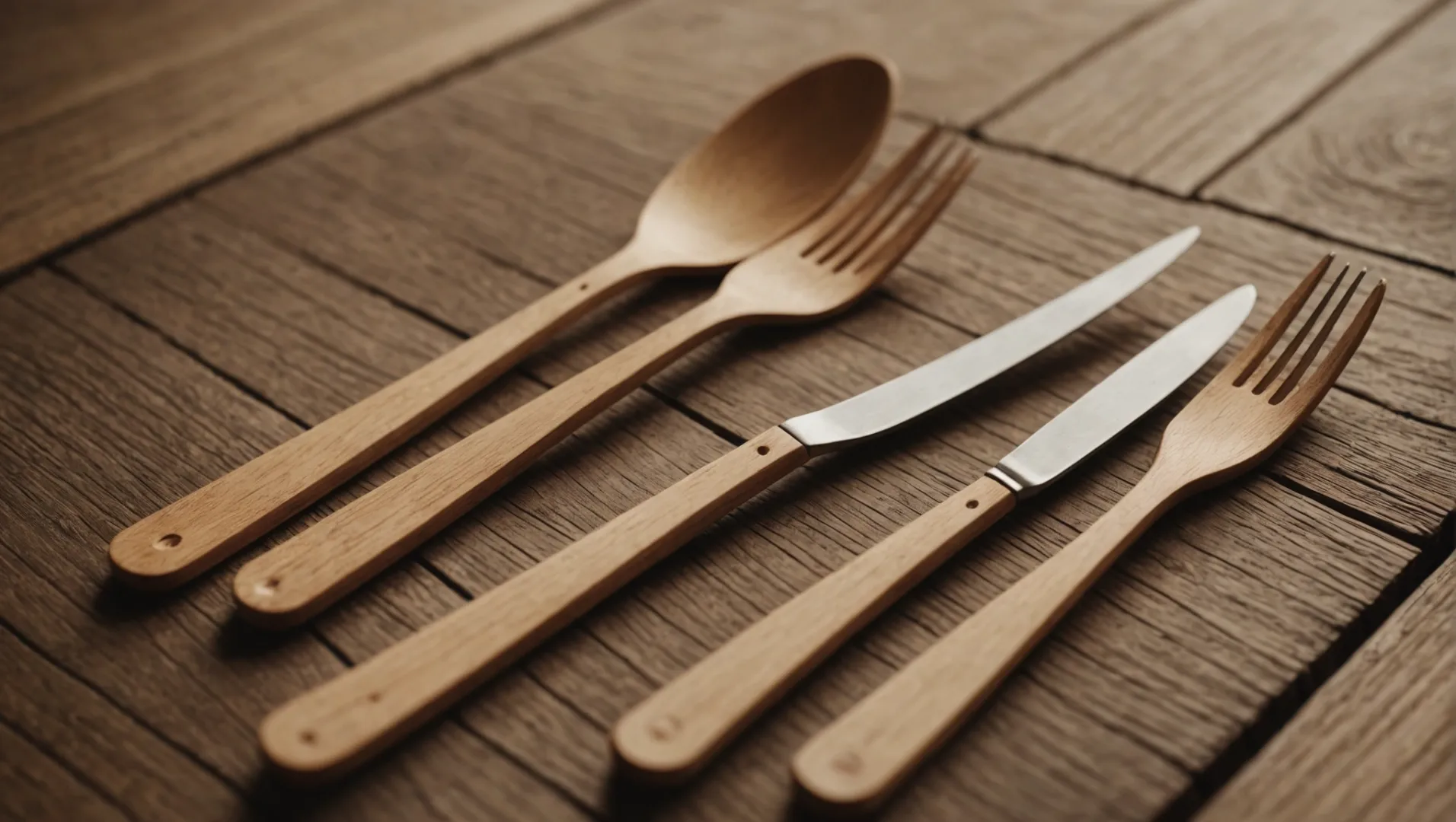 Eco-friendly wooden cutlery set on a rustic table.