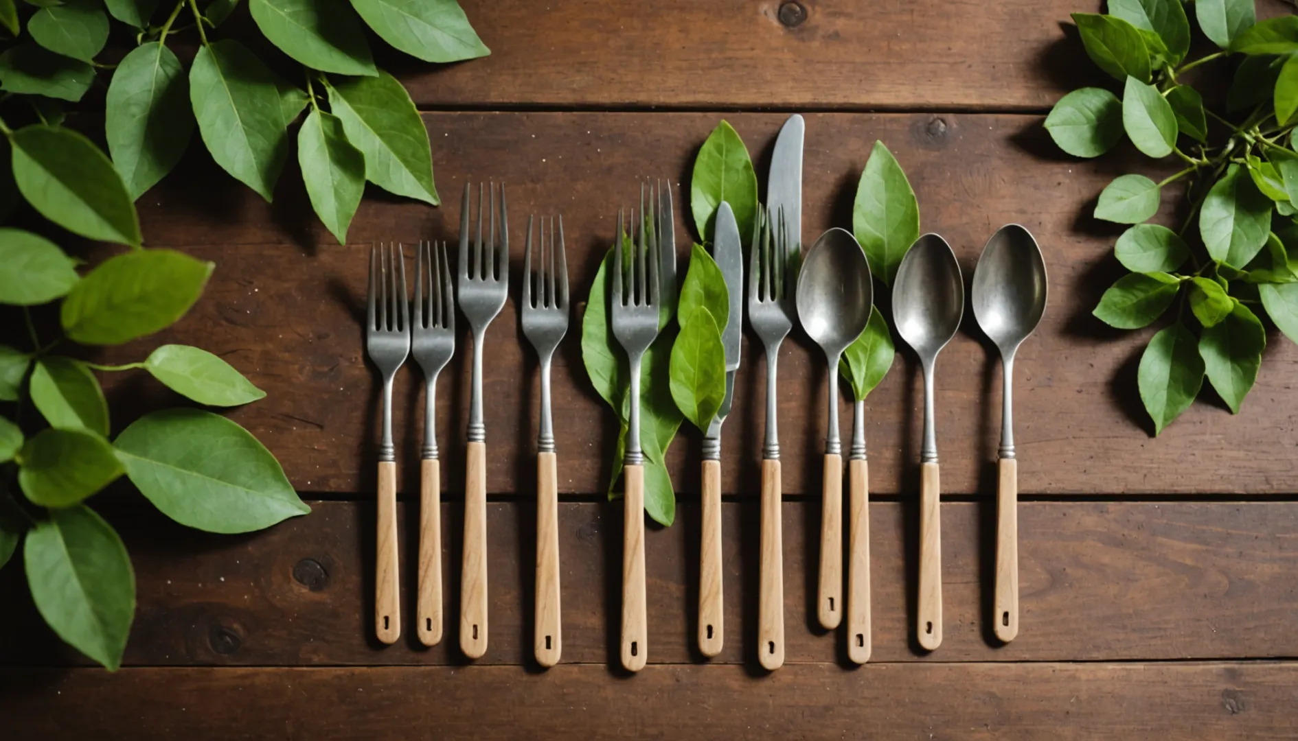 Eco-friendly wooden cutlery with green leaves on a rustic table