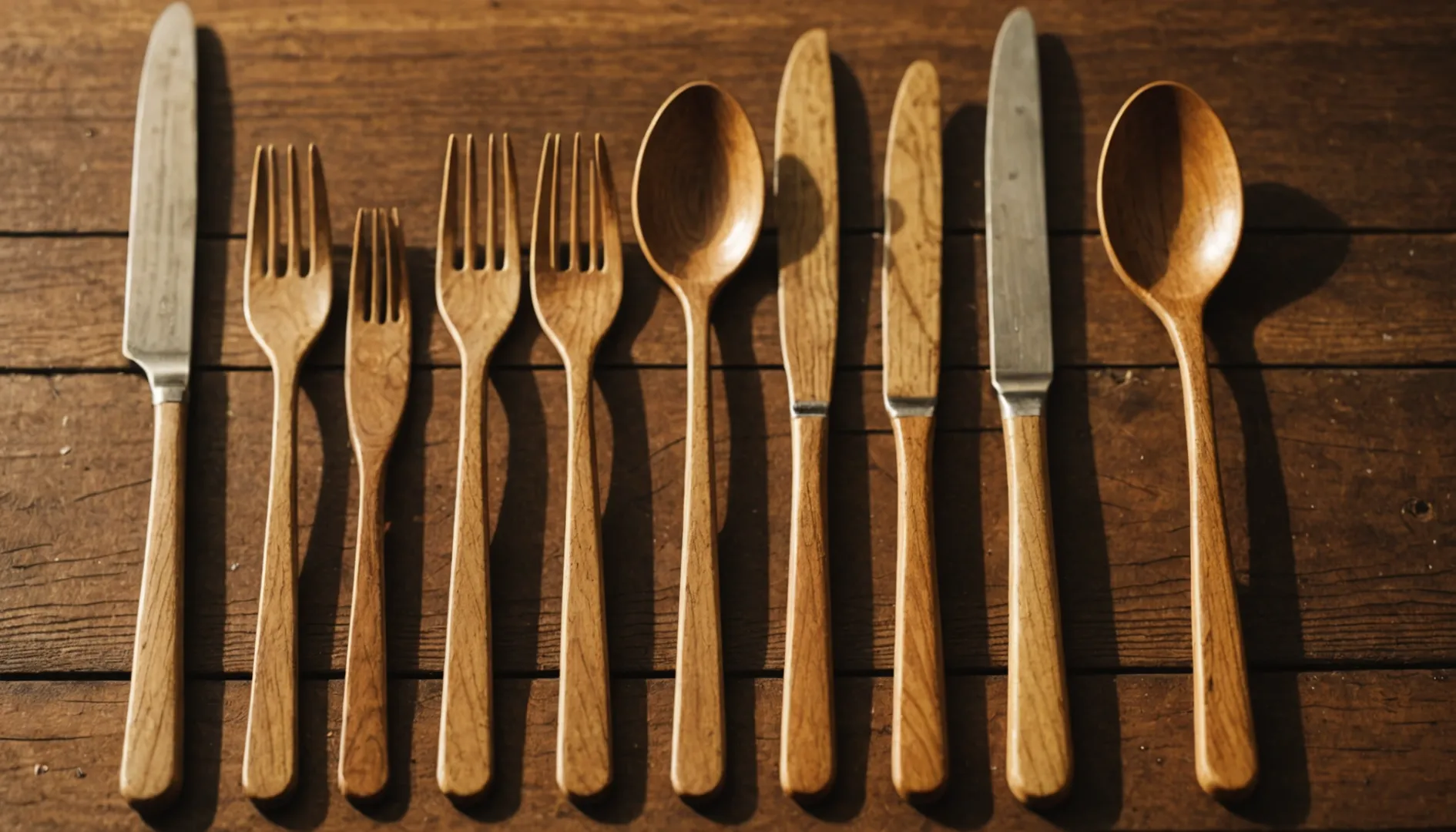 Close-up of eco-friendly wooden cutlery on a wooden counter