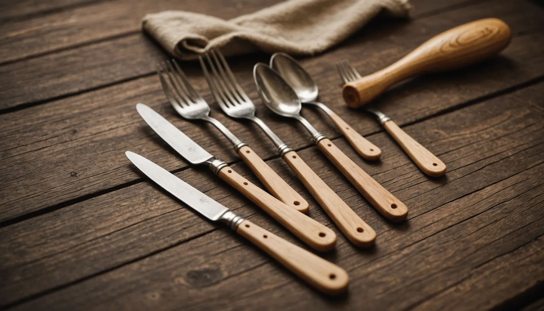 Set of eco-friendly wooden cutlery on a rustic table