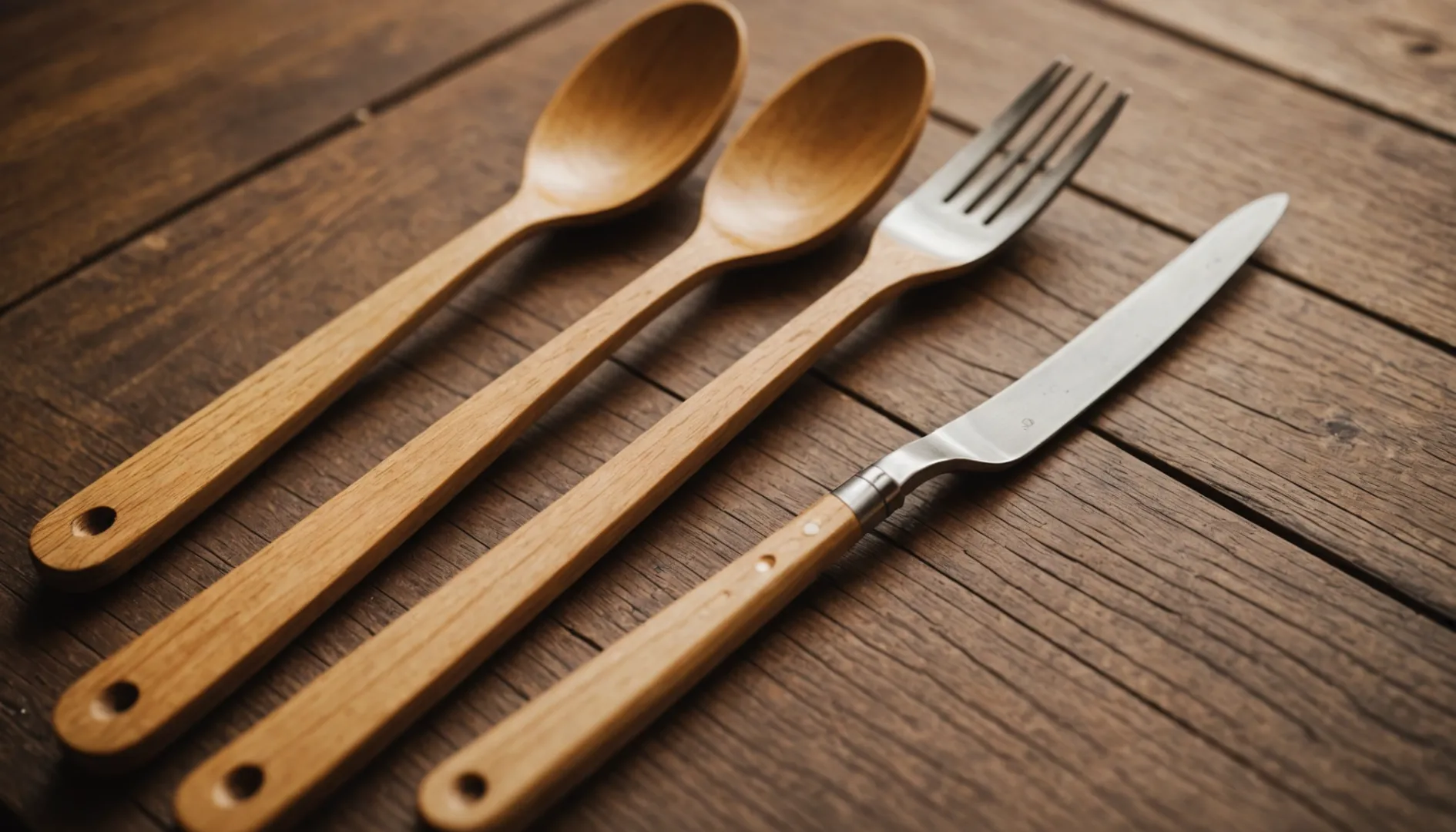 Close-up of eco-friendly wooden cutlery on a rustic countertop