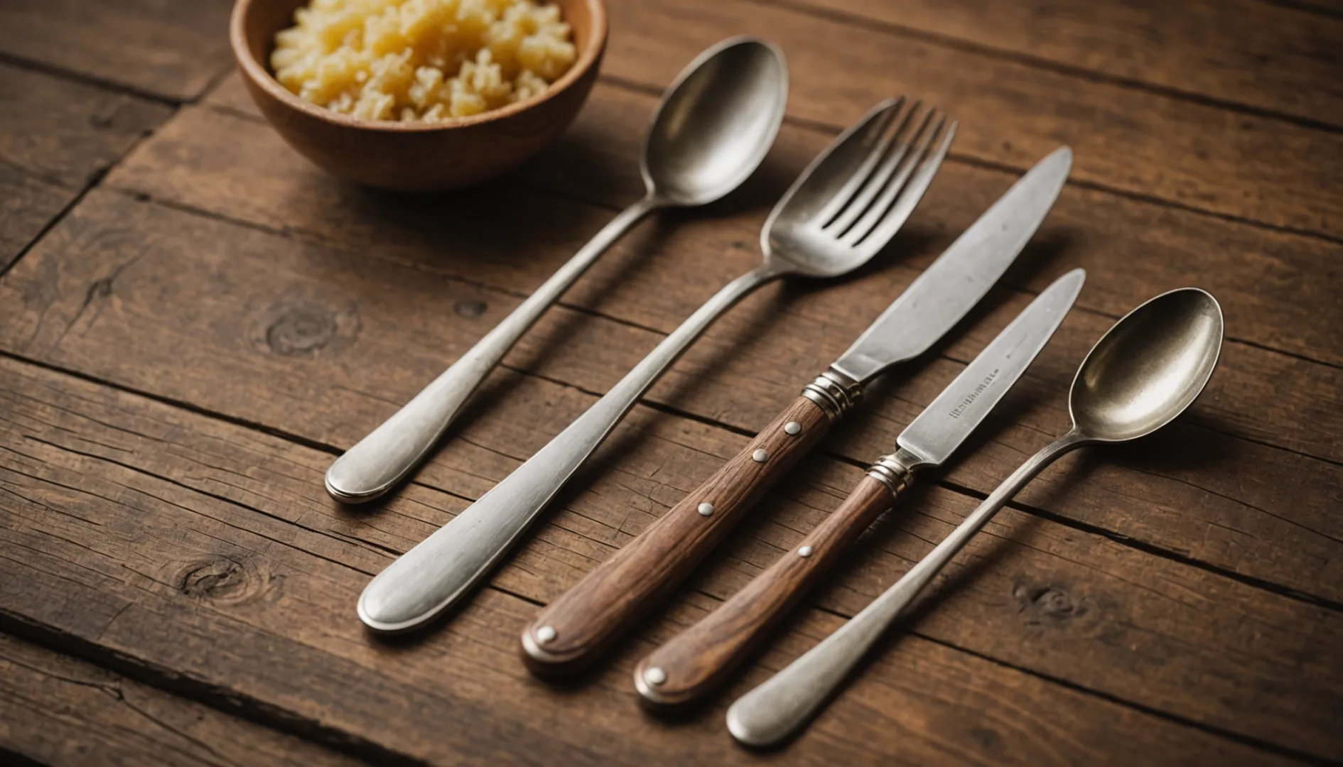 Eco-friendly wooden cutlery set on a rustic table