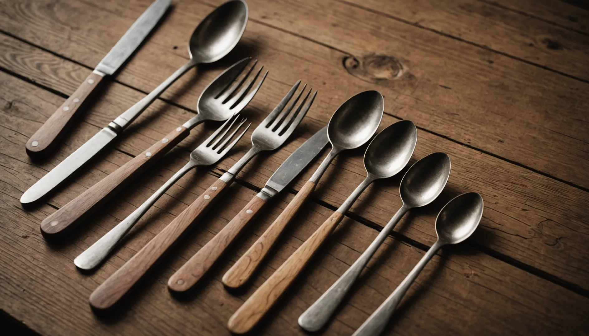 Eco-friendly wooden cutlery on a rustic wooden table