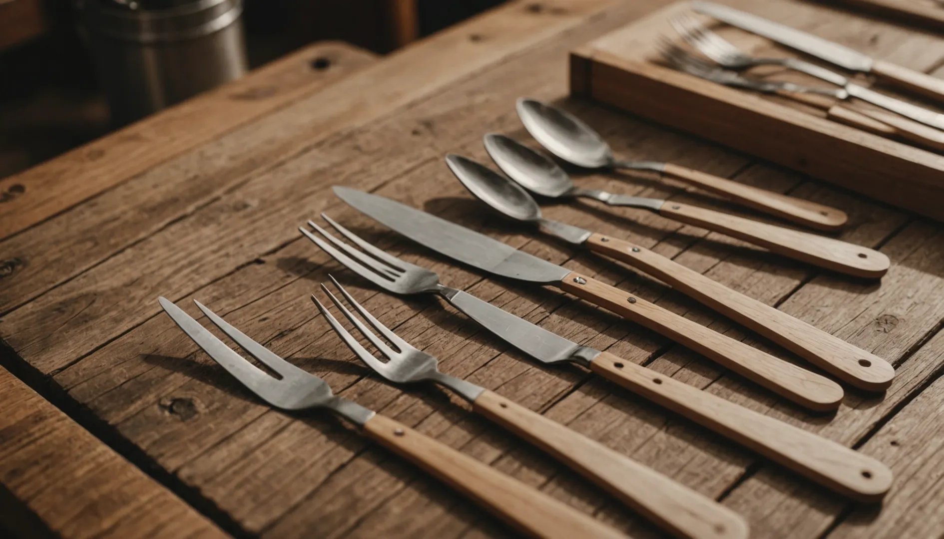 Large disposable wooden cutlery displayed on a table with eco-friendly packaging