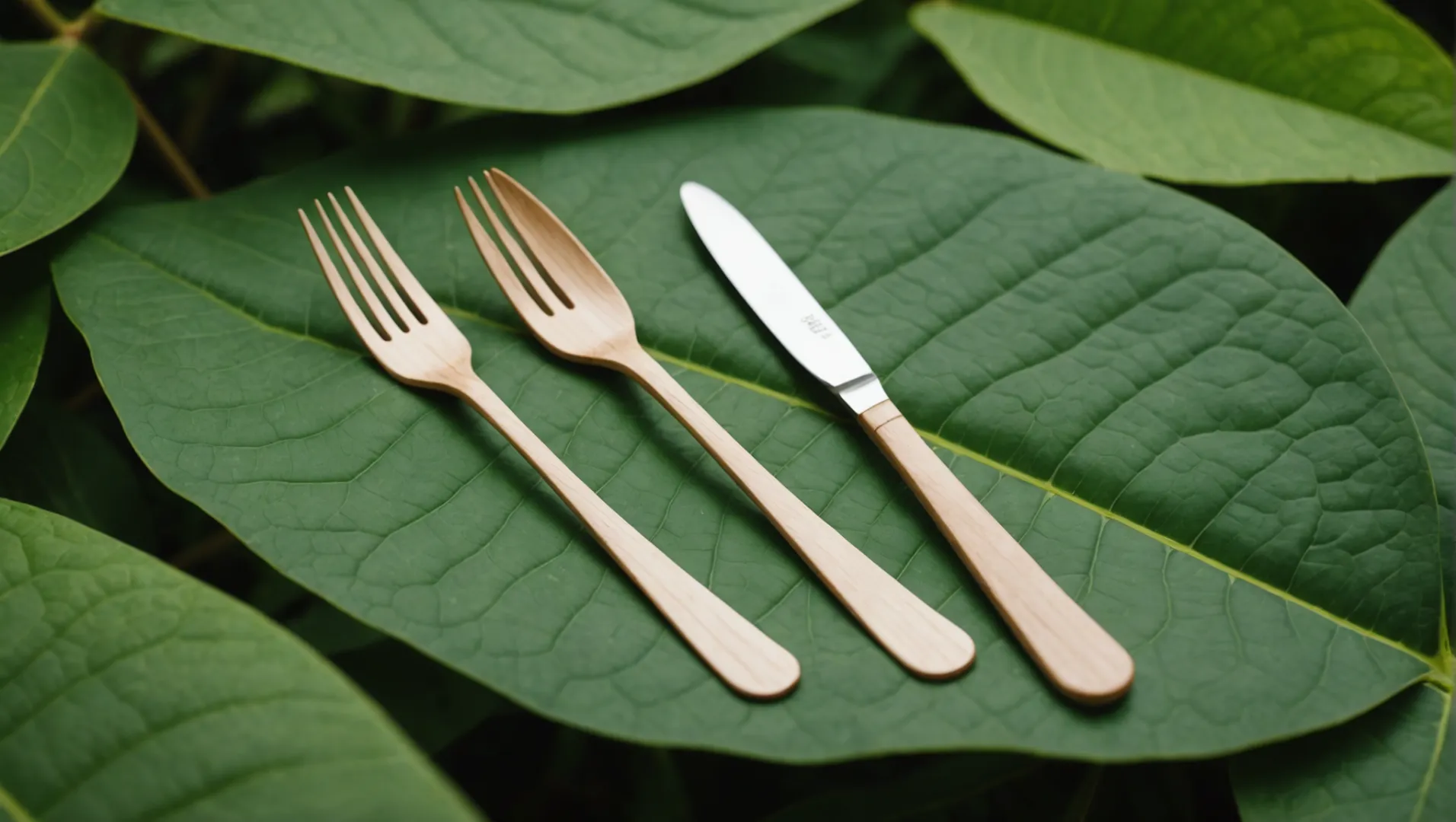 A set of disposable wooden cutlery on a green leaf with a soft-focus background of nature.