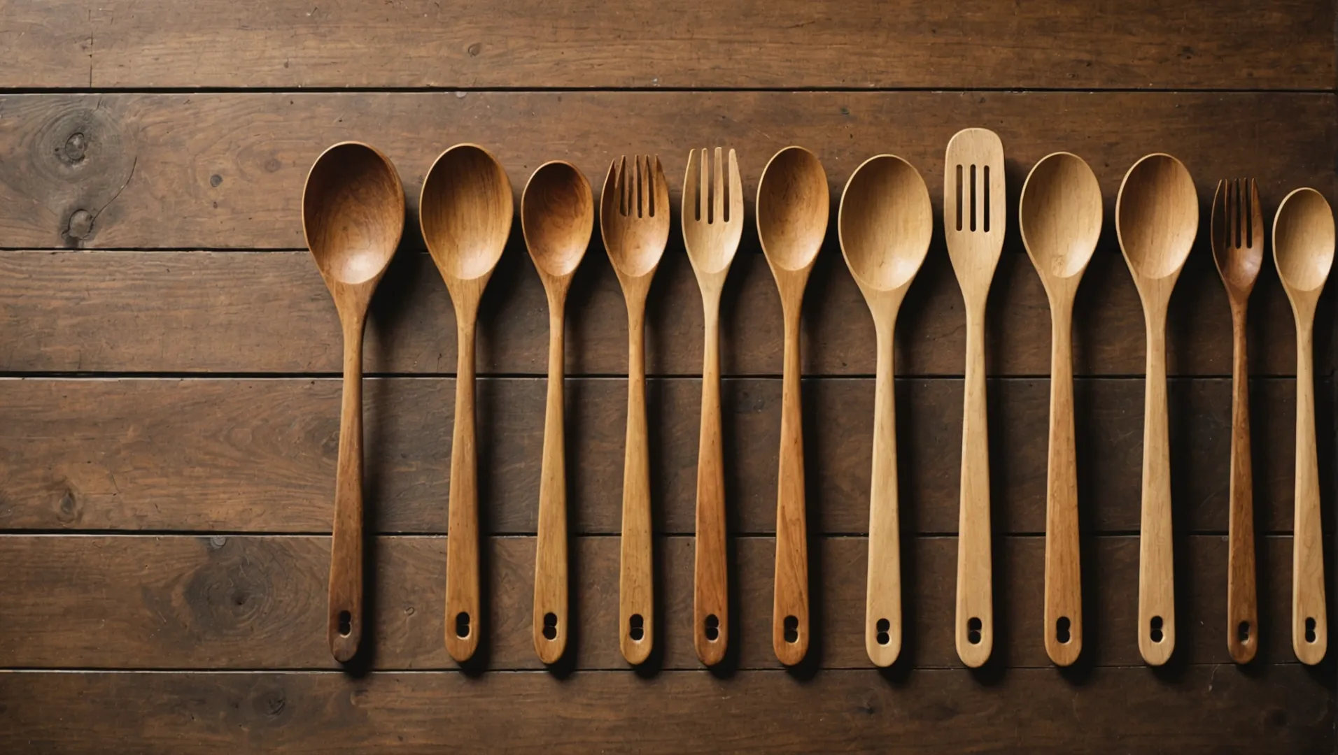 A variety of eco-friendly wooden utensils on a rustic kitchen countertop