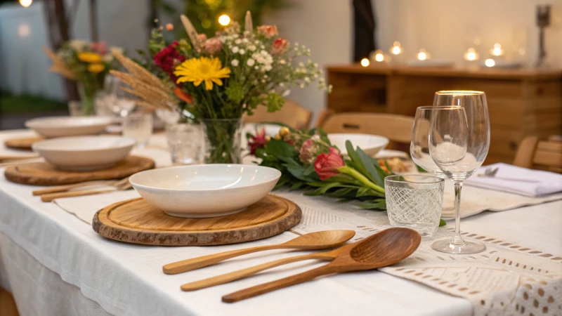 A beautifully arranged dining table with wooden cutlery and fresh flowers