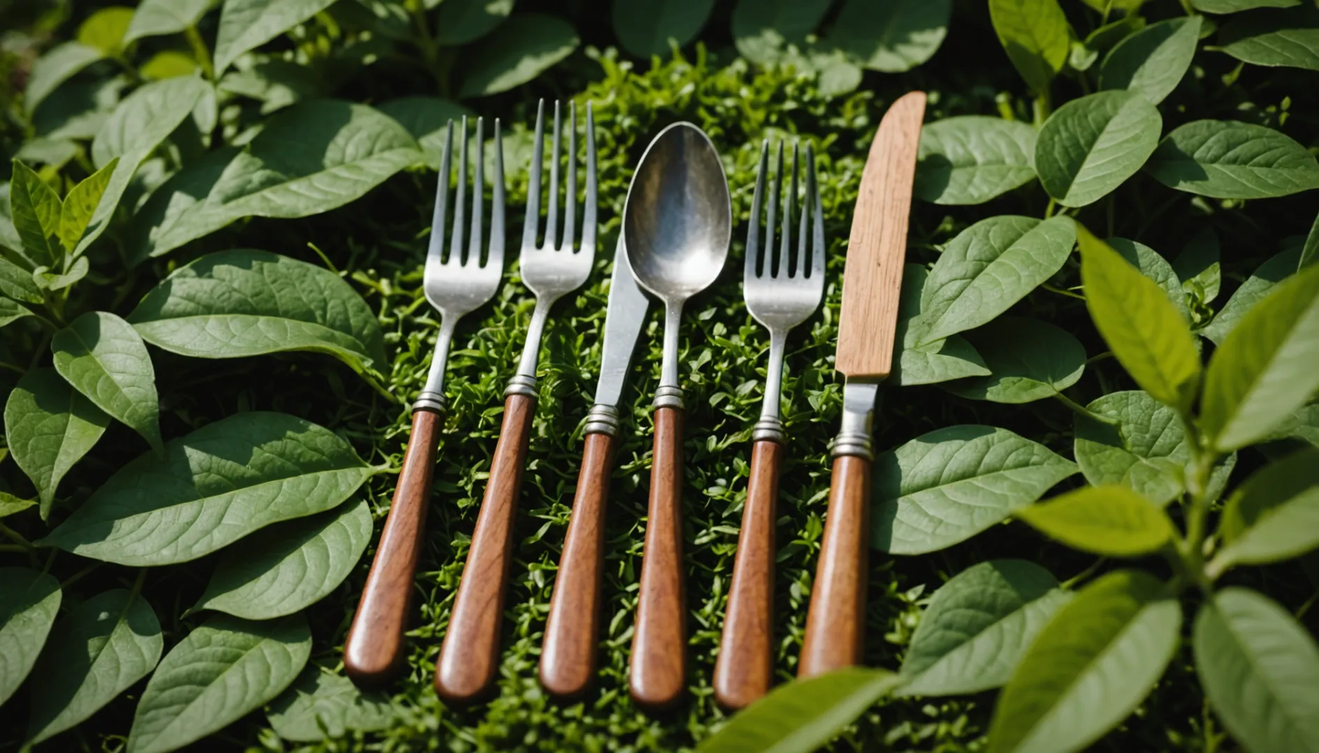 Wooden cutlery set on green leafy background
