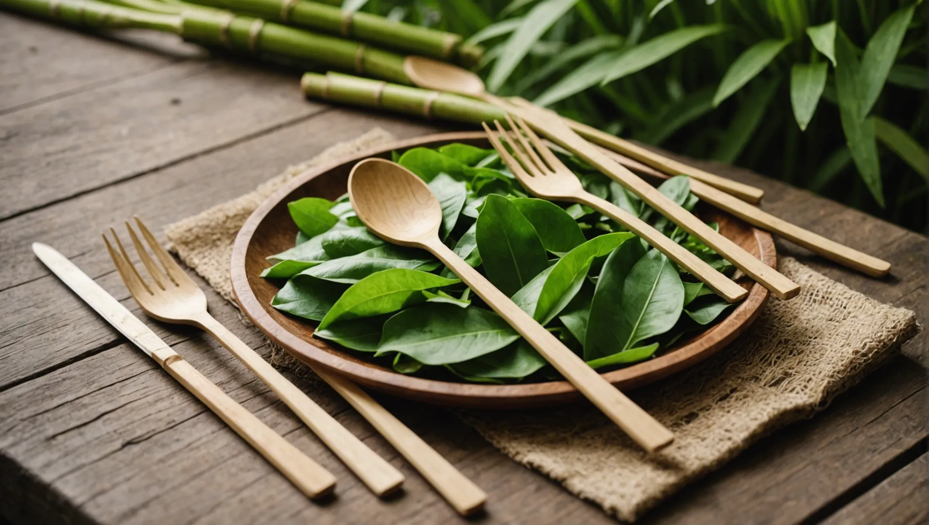 Disposable wooden cutlery enhanced with bamboo fiber and sugarcane pulp.