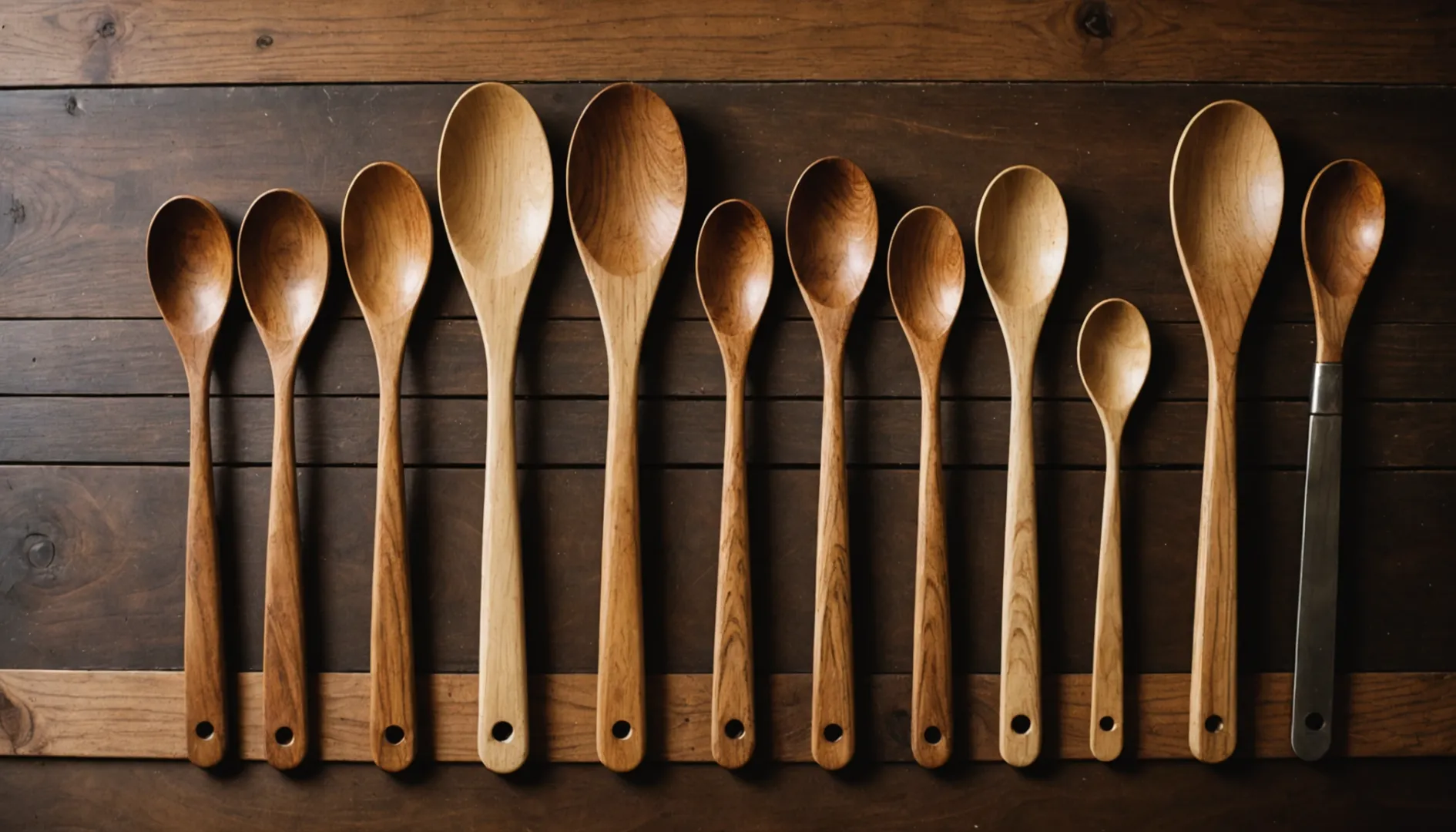 Assorted hardwood kitchen utensils on a wooden countertop