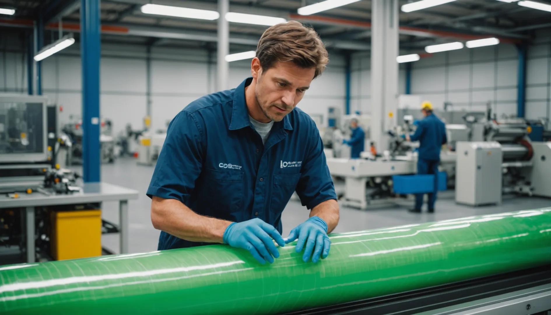 Worker inspecting bio-plastic roll in modern facility