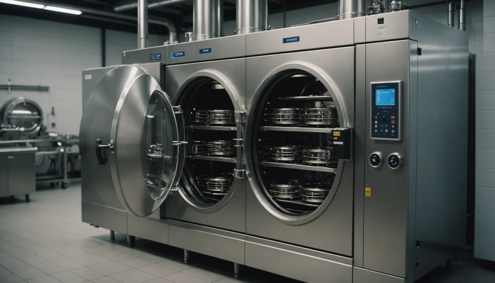 Photorealistic image of an industrial autoclave with wooden cutlery inside.