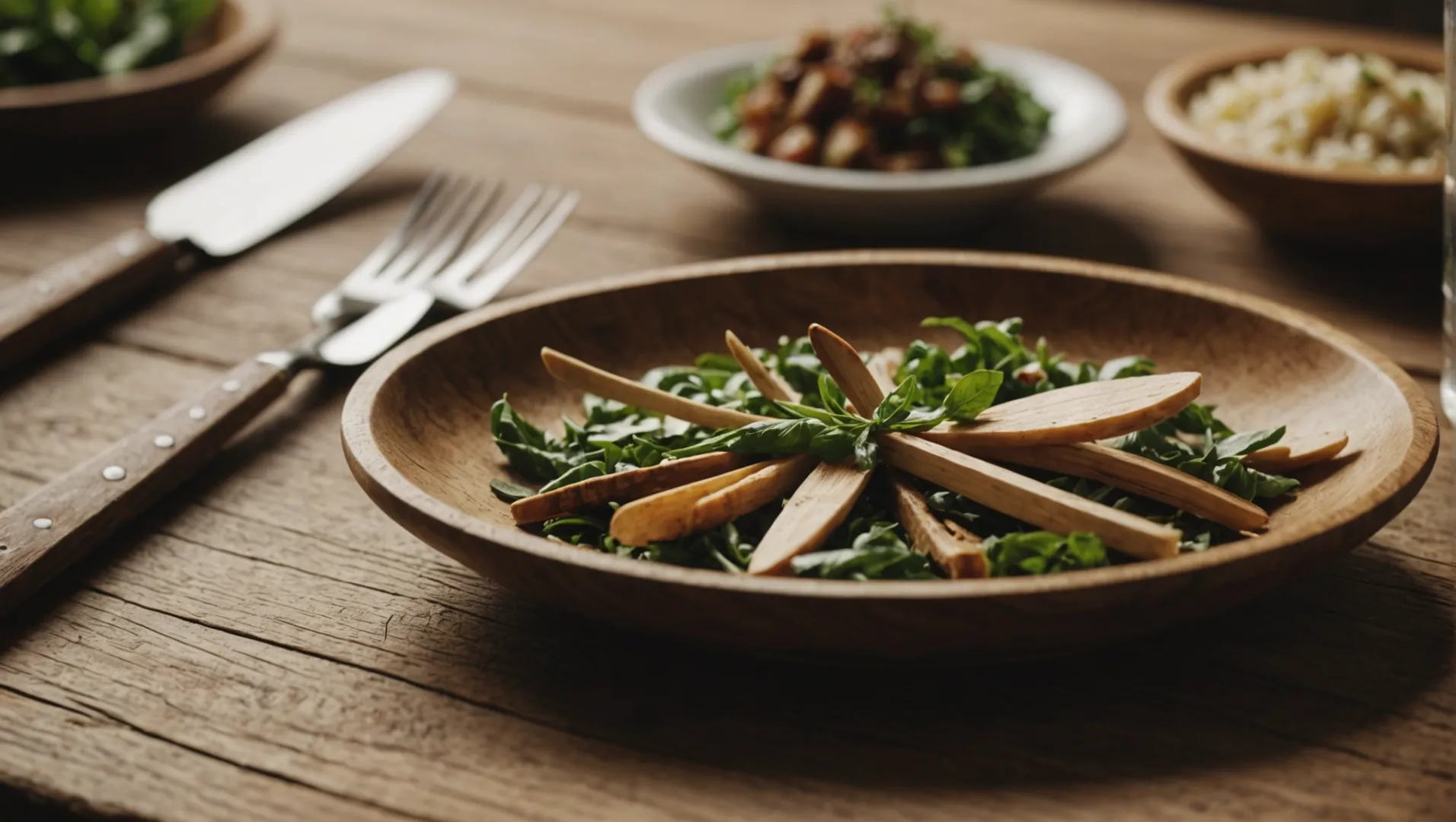 Wooden cutlery on a rustic table setting