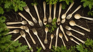 Various stages of wooden cutlery lifecycle including production, usage, and disposal