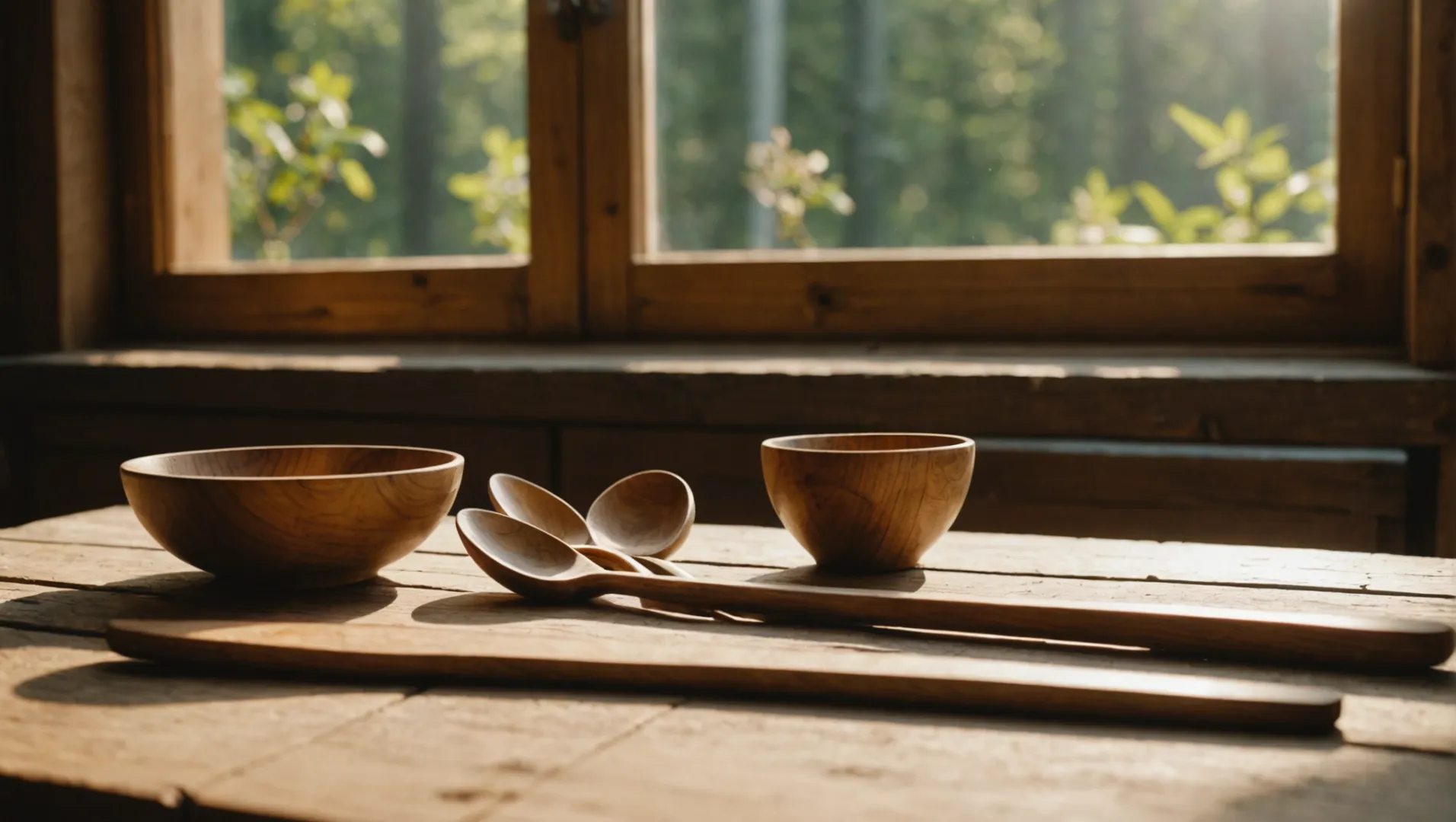 Disposable wooden cutlery on a rustic table with eco-certification symbols.