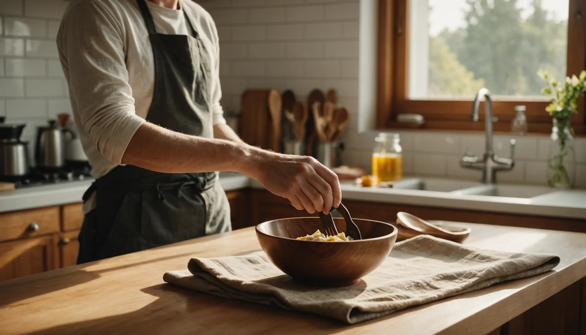 Wooden cutlery being oiled on a kitchen counter