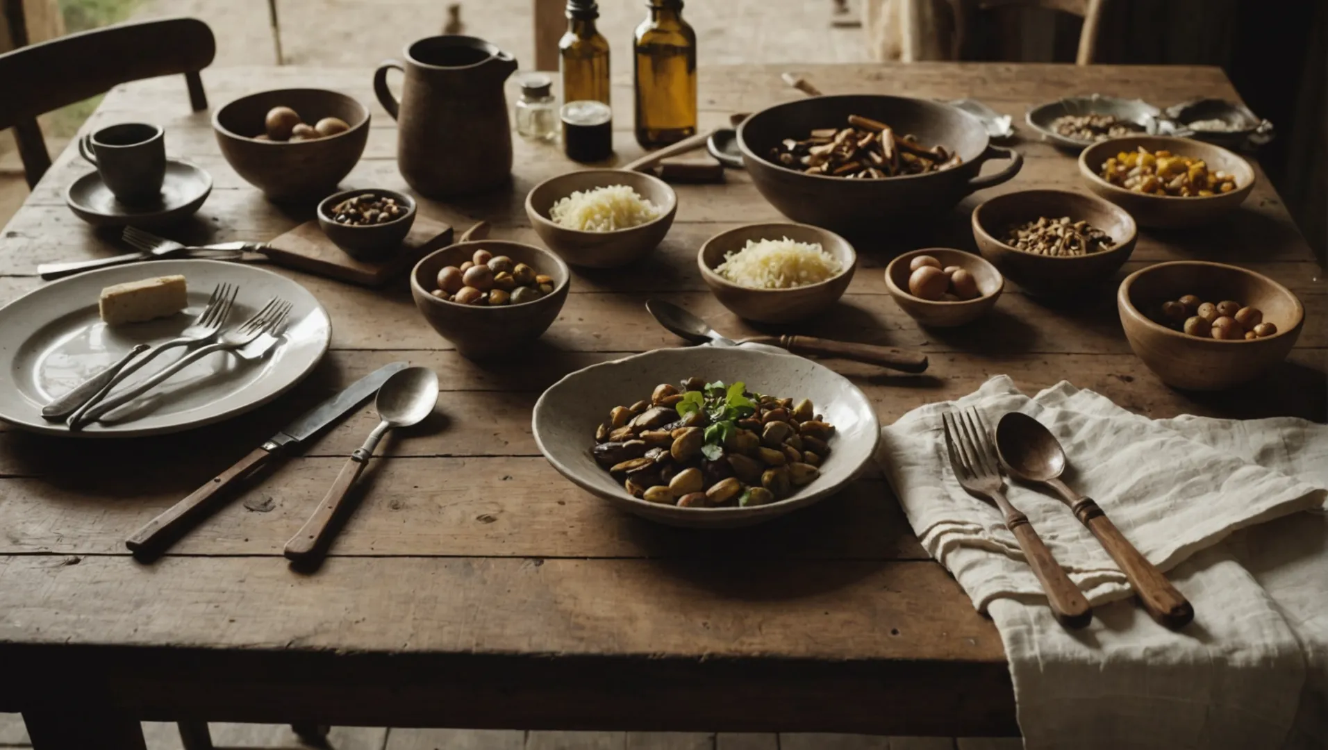 Various wooden cutlery pieces arranged with oil and cloth on a rustic kitchen table.