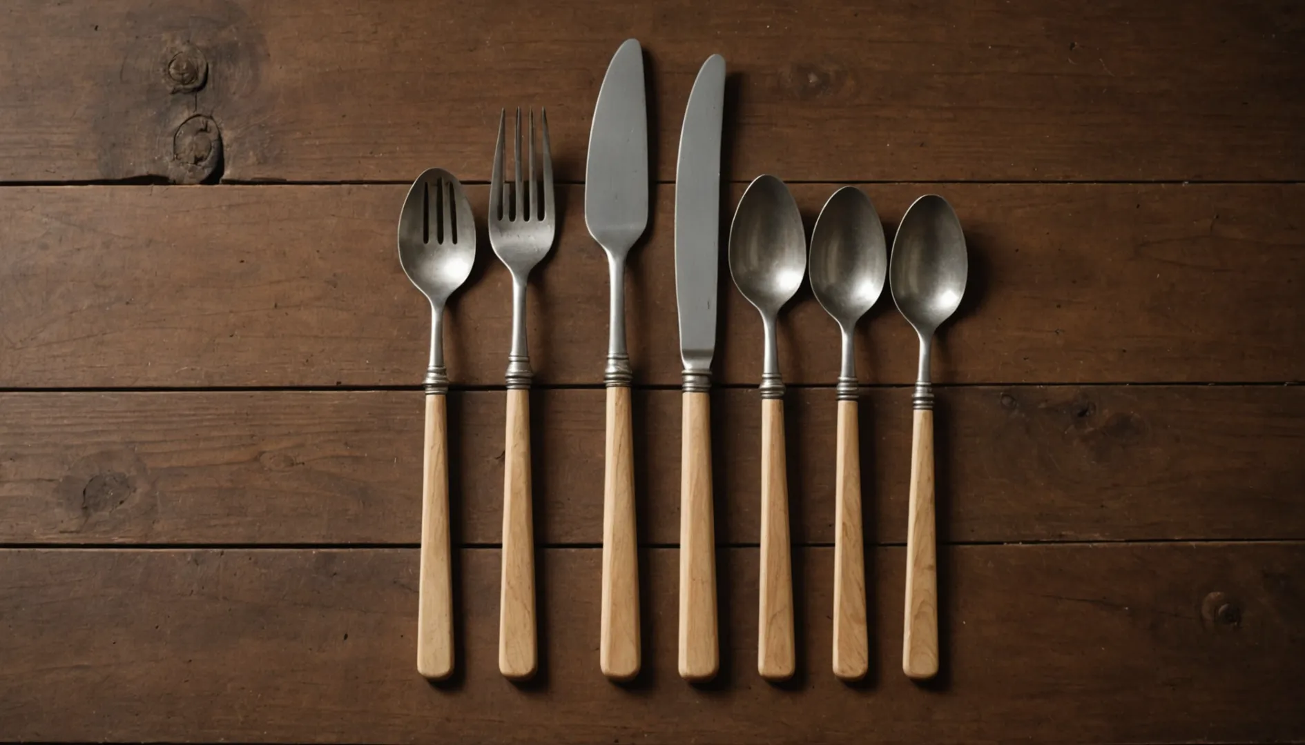 A set of maple cutlery including a fork, knife, and spoon displayed on a wooden table.