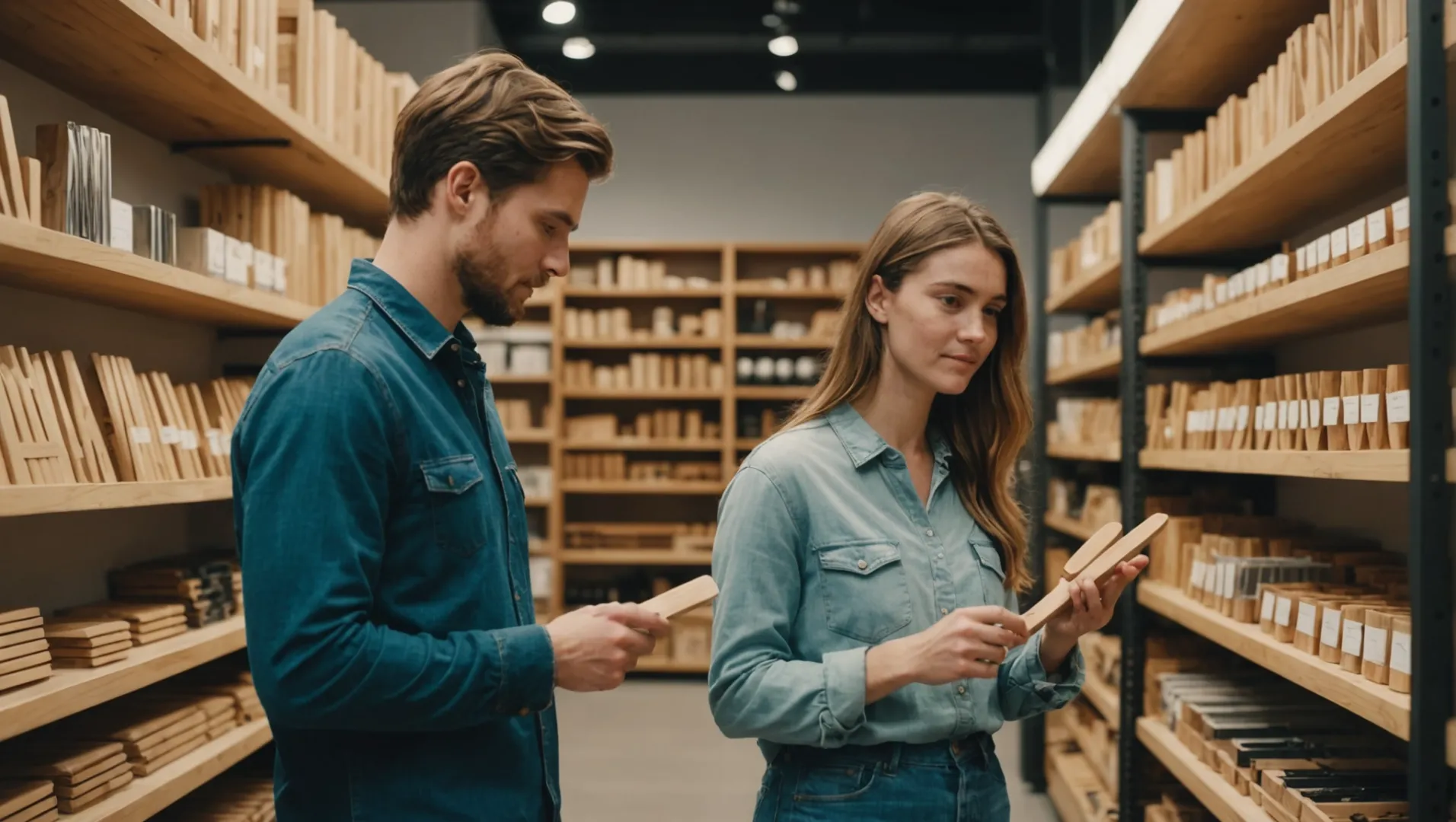 A millennial couple choosing wooden cutlery in a store.