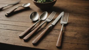 Minimalist wooden cutlery set on a rustic table