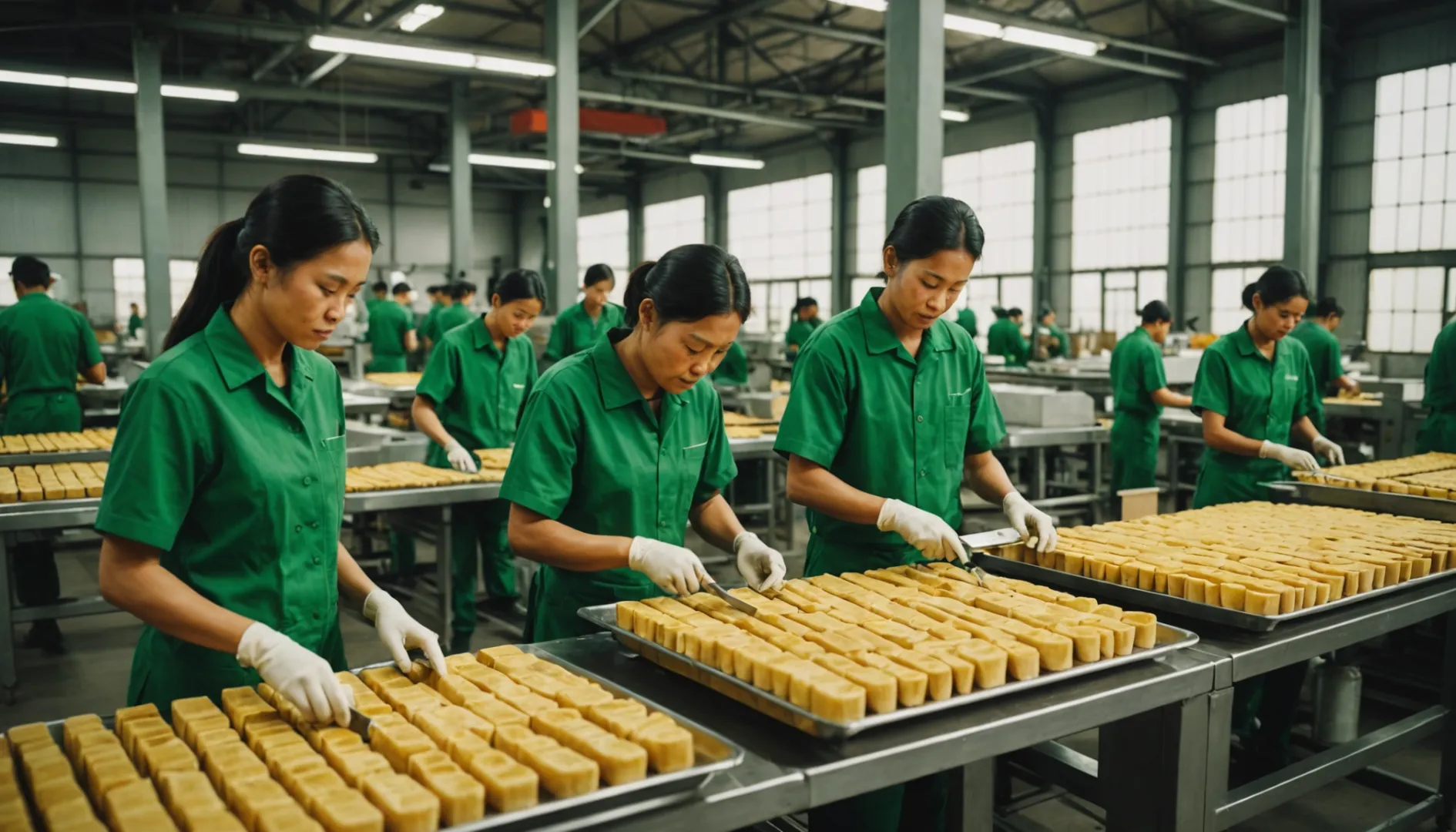 Modern factory producing sustainable packaging with workers and machines