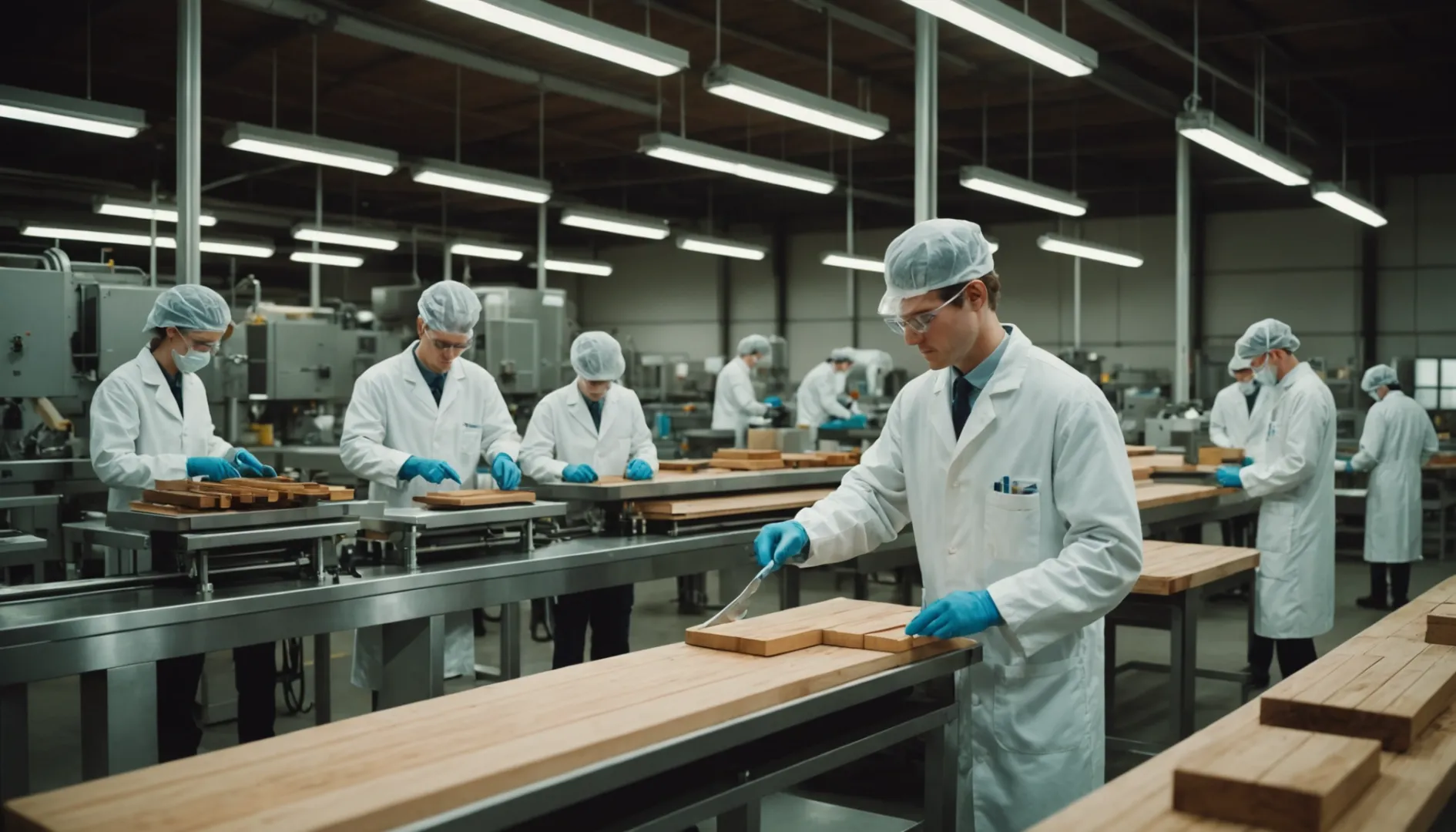 A modern manufacturing facility with workers in lab coats operating machinery.