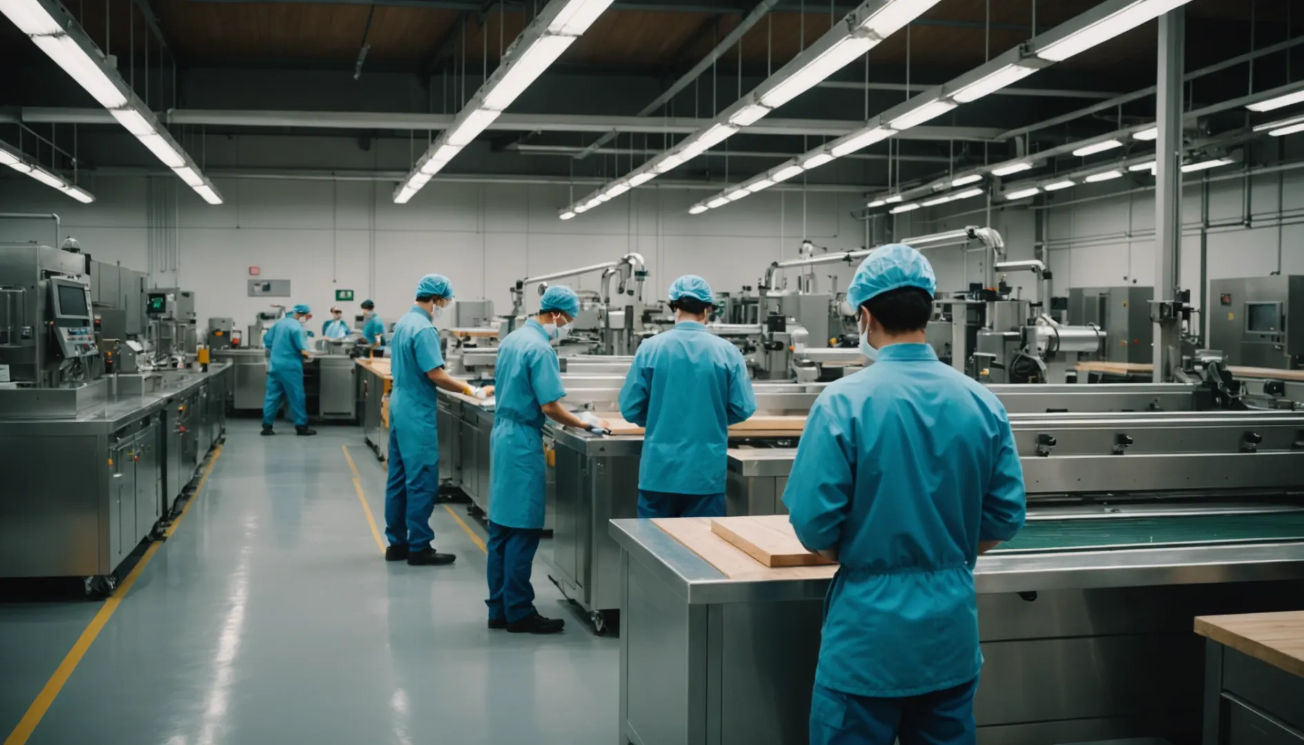 Clean manufacturing facility with workers operating machinery for wooden cutlery