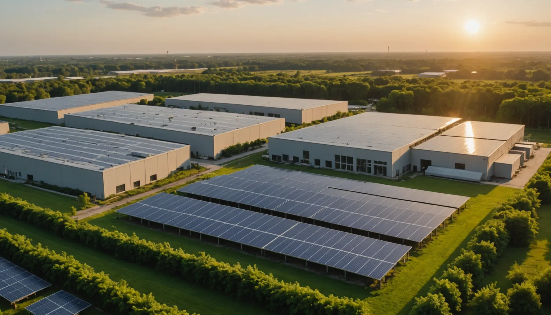 Modern manufacturing plant with solar panels at sunset