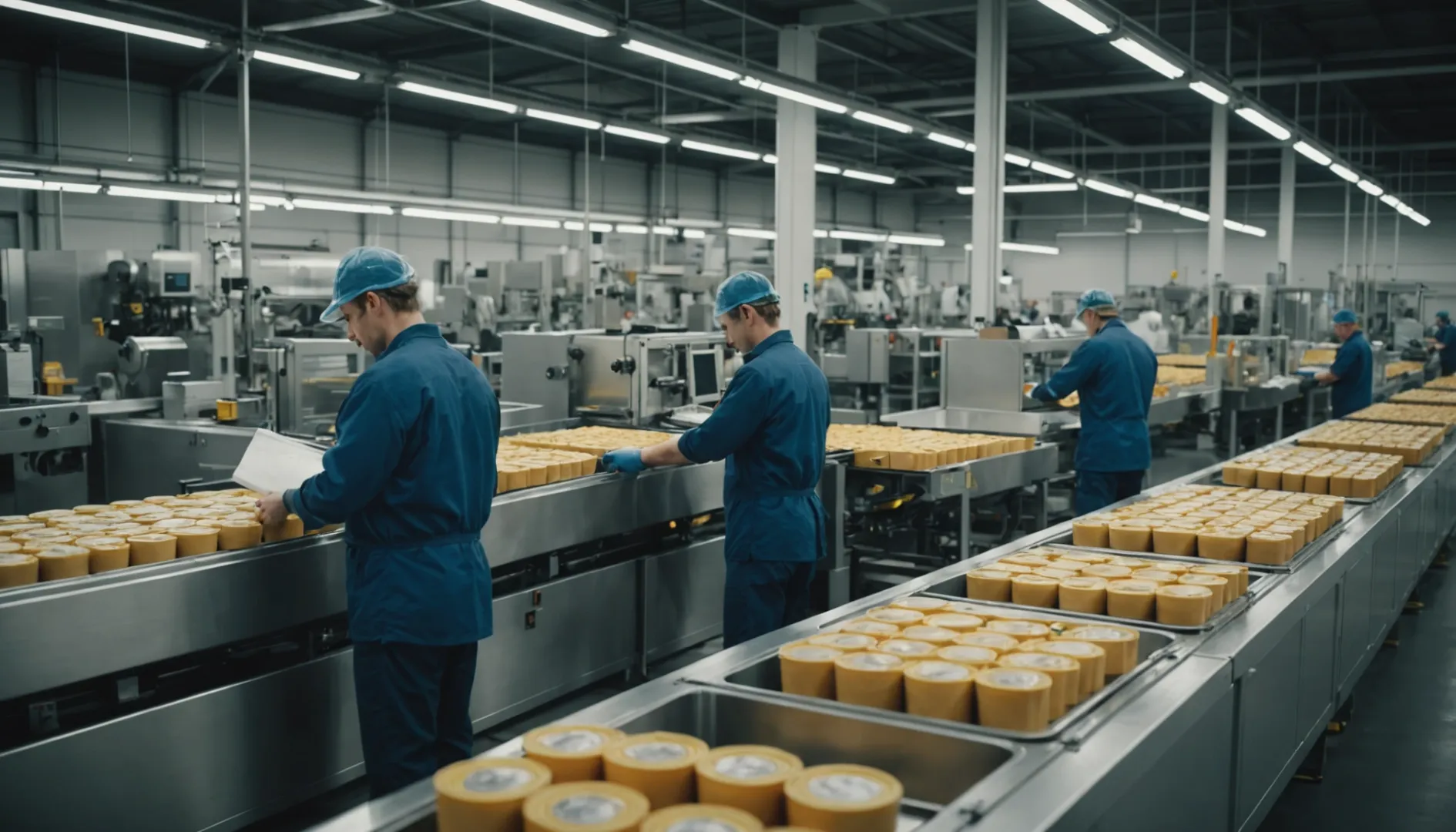 A busy interior of a modern packaging factory focusing on sustainability.