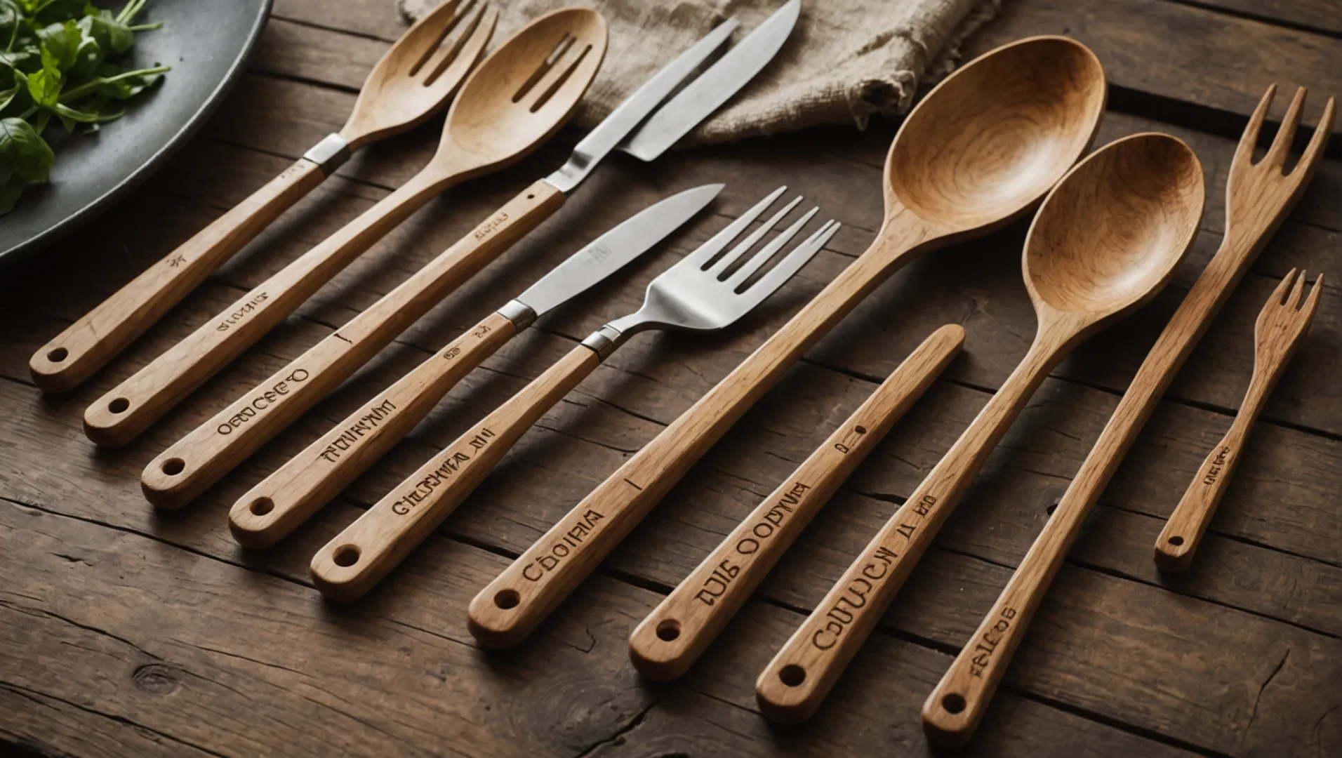 Multi-functional wooden utensils with ergonomic handles and measurement tools