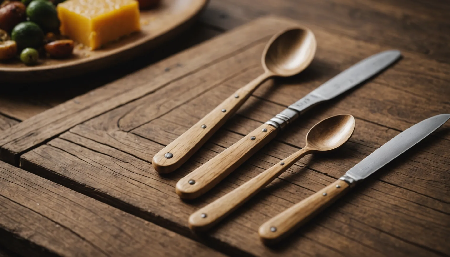 Wooden cutlery coated with beeswax on a rustic table