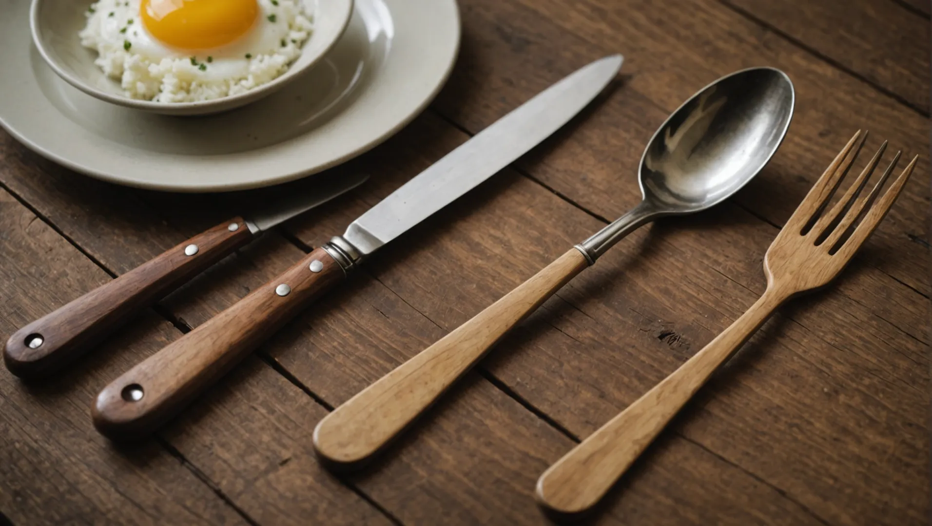 Wooden cutlery with a natural oil coating on a rustic wooden table.