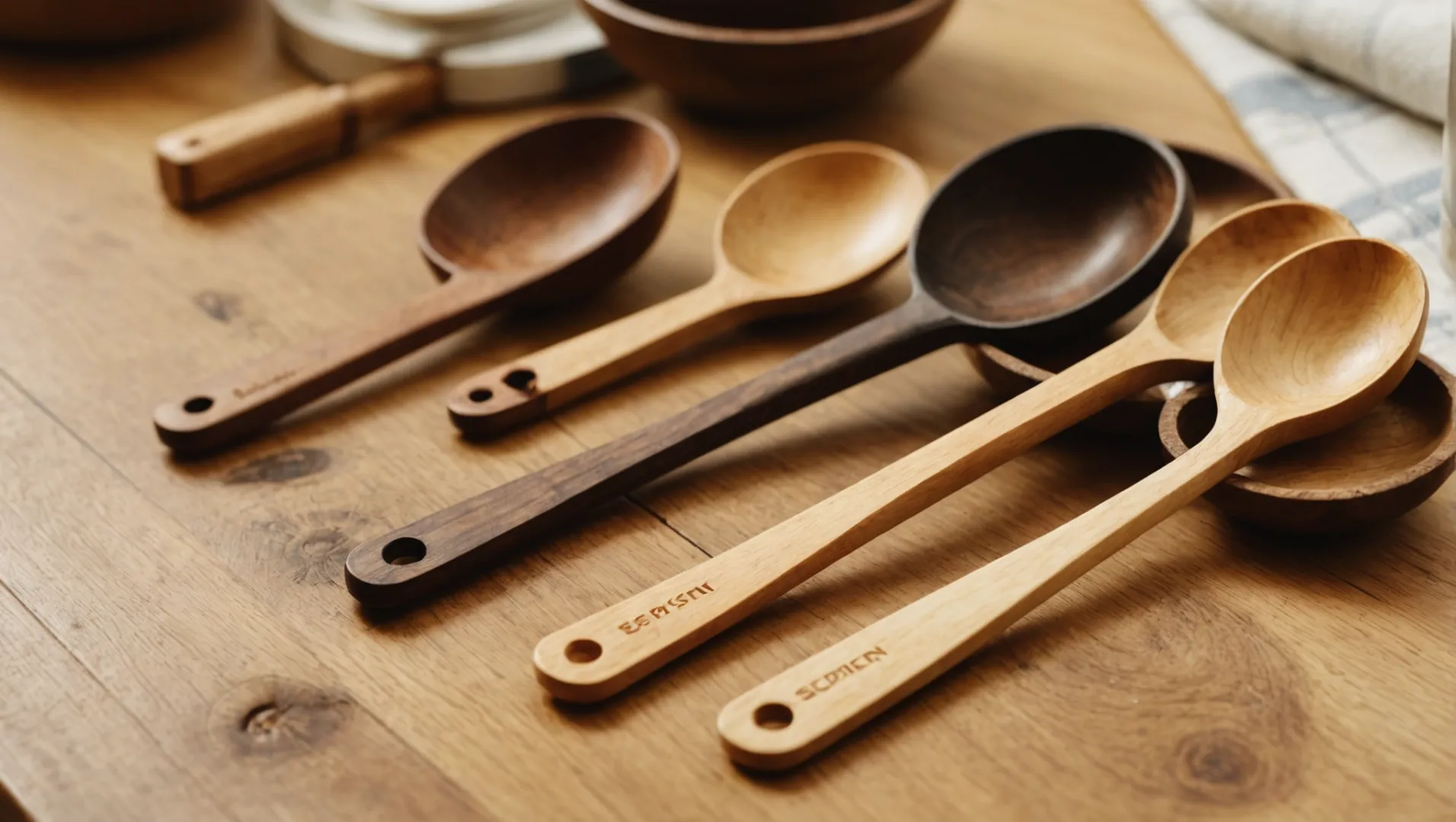 Wooden utensils coated with beeswax and plant oils on a kitchen counter