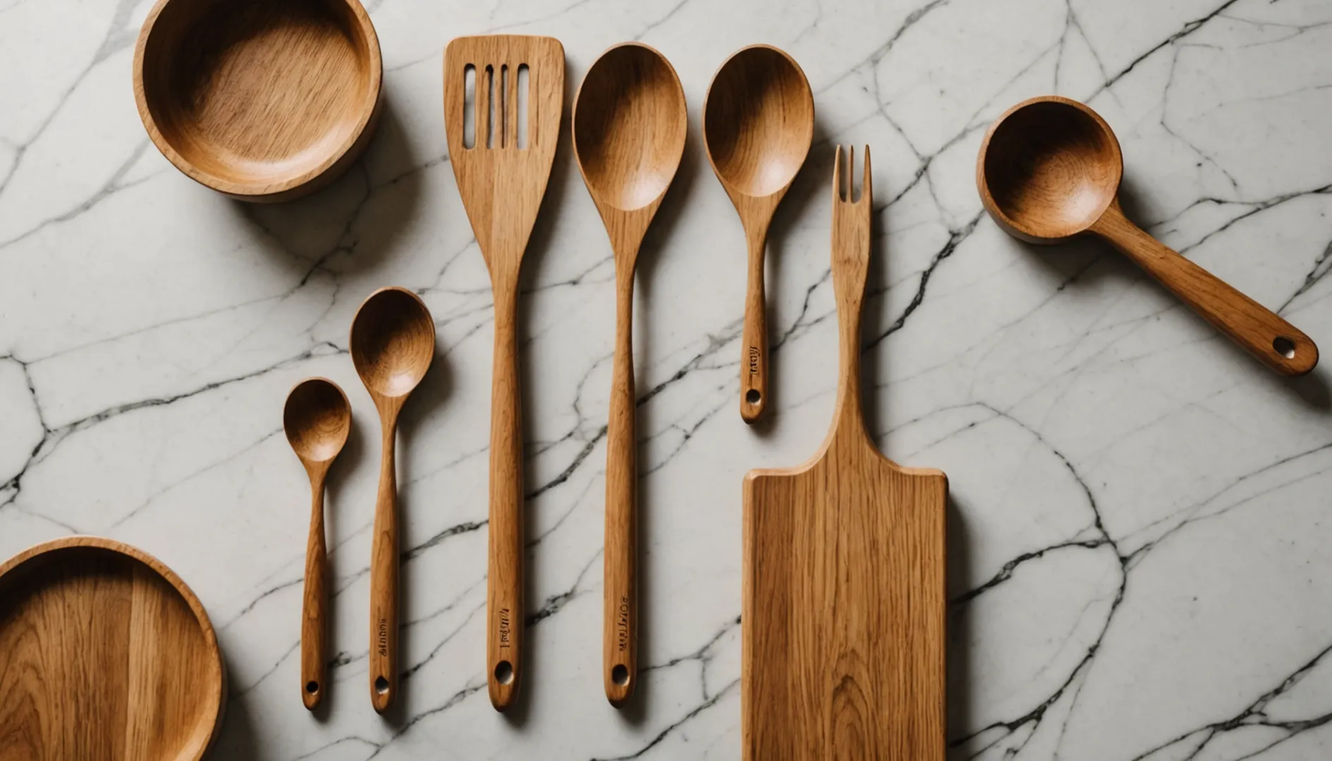 Various oak kitchen utensils arranged on a countertop