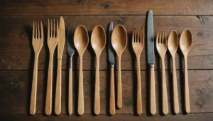 Assorted disposable wooden cutlery on a rustic table