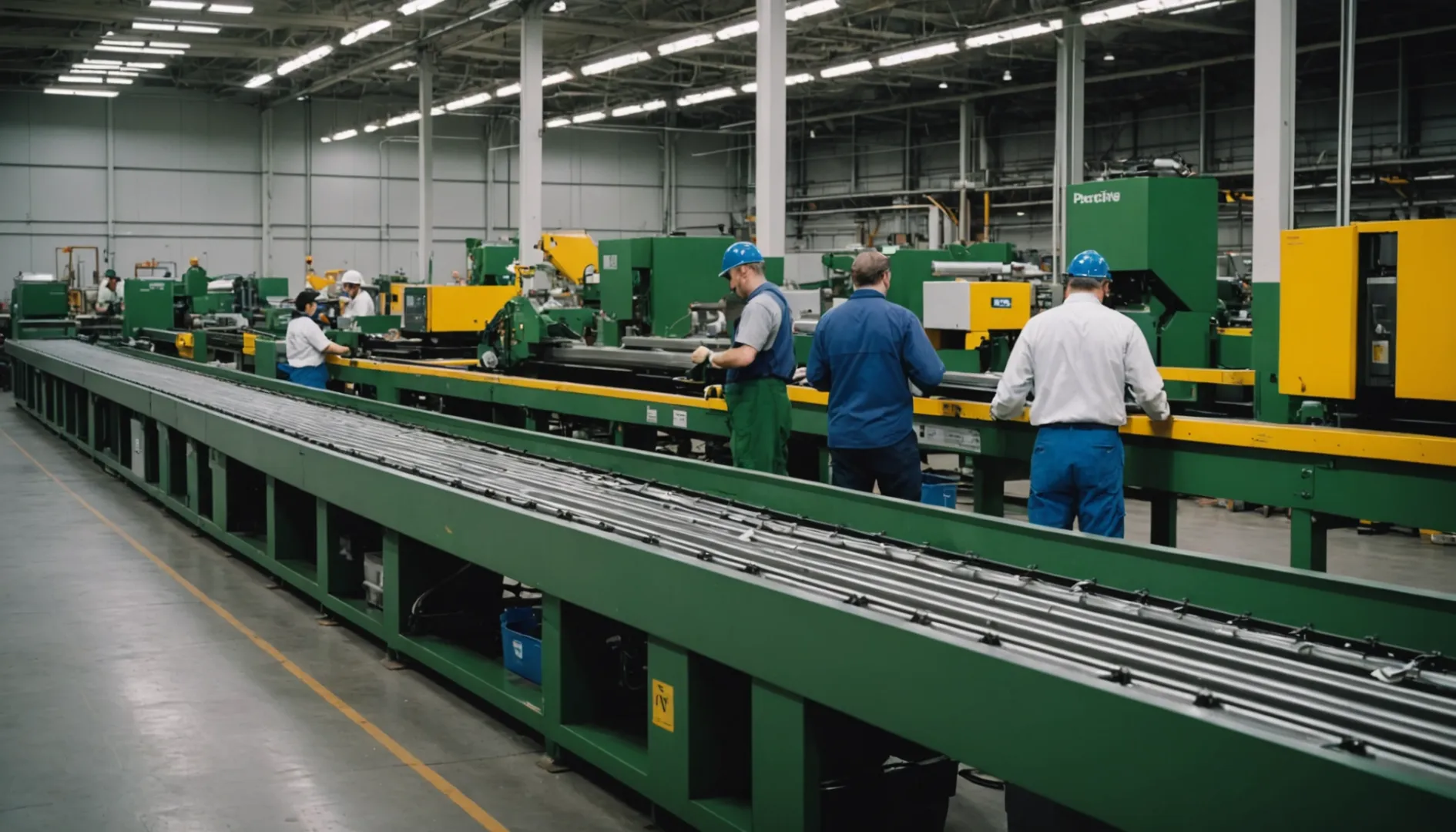 Interior view of a manufacturing plant with conveyor belts and workers