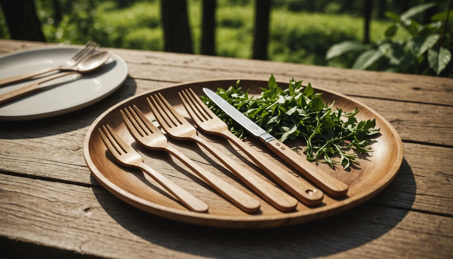 Premium wooden cutlery on a rustic table with natural setting