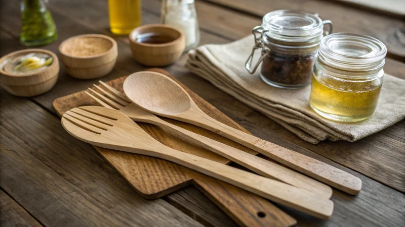 Rustic wooden table with cutlery and glass containers