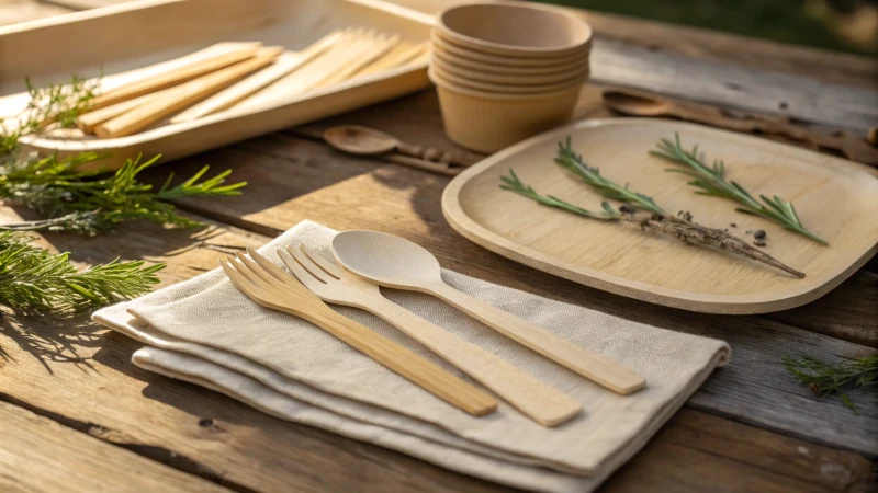 A rustic wooden table with disposable wooden cutlery and greenery