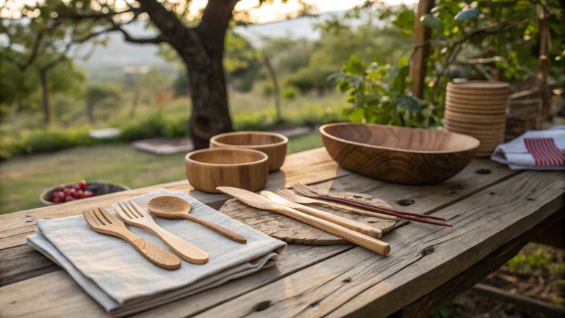 A rustic wooden table with wooden cutlery set outdoors.