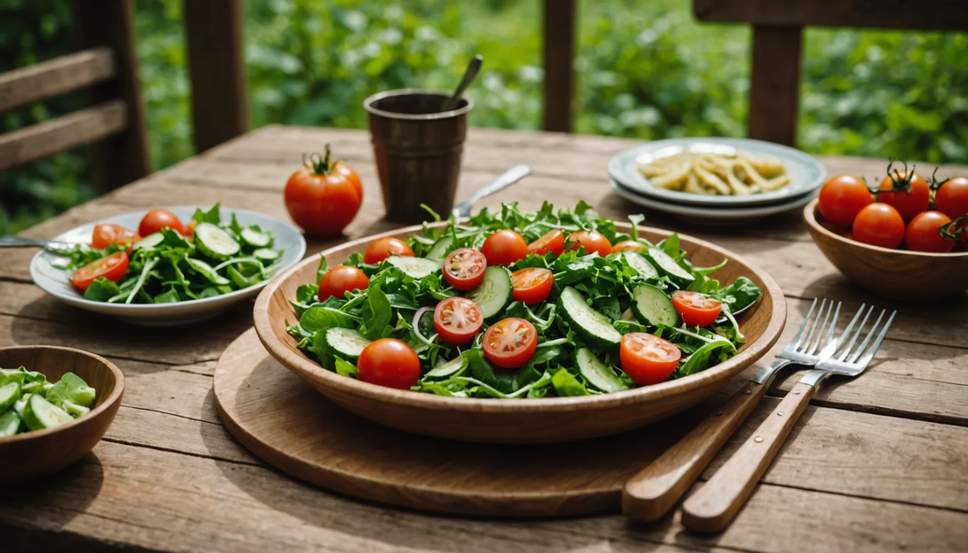 Close-up of a rustic wooden table with disposable wooden cutlery and a colorful salad bowl in the background.