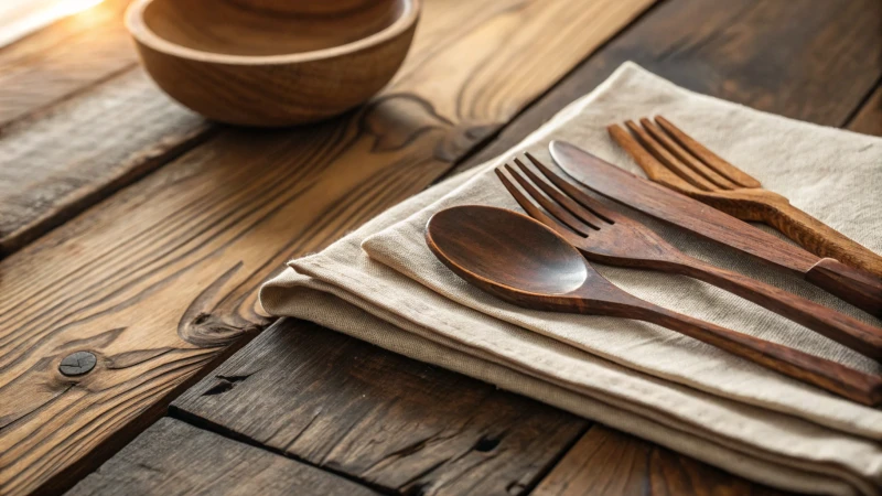 Close-up of a rustic wooden table with polished wooden cutlery