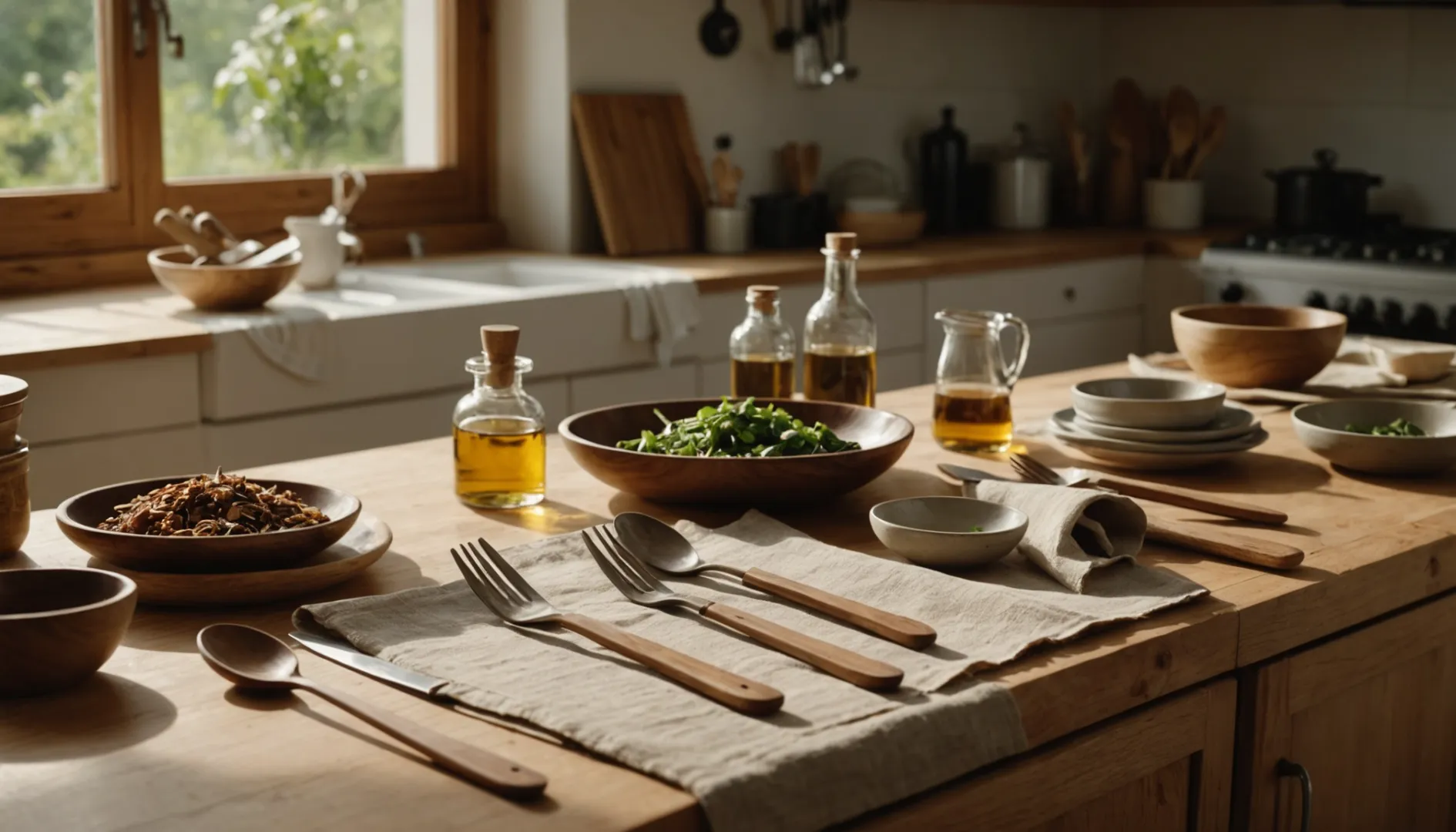 Wooden cutlery on a countertop with sunlight