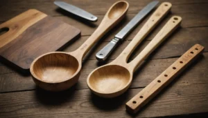 Comparison of softwood and hardwood kitchen utensils displayed on a wooden table