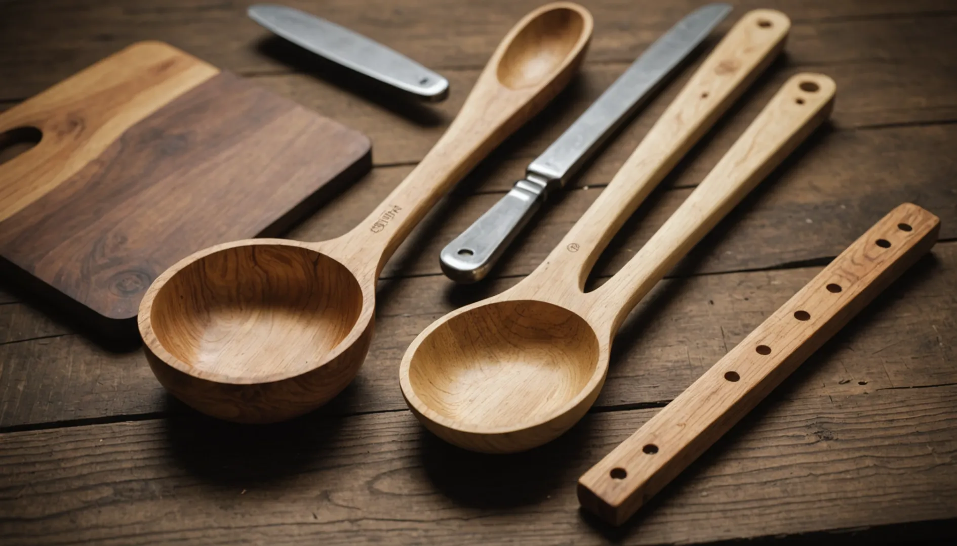 Comparison of softwood and hardwood kitchen utensils displayed on a wooden table