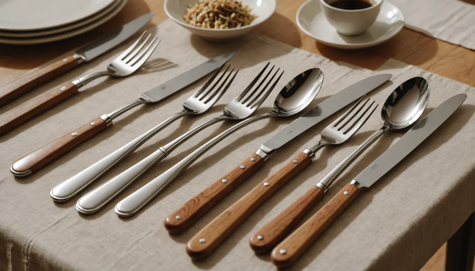 Assortment of sterilized wooden cutlery on a table